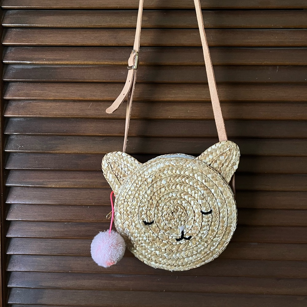 Kids Straw Crossbody Bag with Pink Pom Pom
